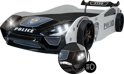 Produktbild von Autobett V2 POLICE Kinderbett 90x200 Schwarz/Weiß mit Spoiler LED-Licht und Lattenrost