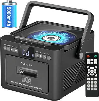 Produktbild von CD Player Tragbar, Boombox Kassettenspieler mit UKW Radio, Bluetooth 5.1 CD-Player,  AUX/USB/SD Karte-In, 5W Lautsprecher, LED Bildschirm, Schwarz