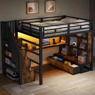 Productafbeelding van Metaal hoogslaper 140x200, bureau, planken, 2 lades, trap met opbergruimte (zwart)
