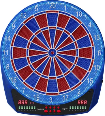 Produktbild von Carromco Elektronisches Dartboard Flash-401, rot-blau, LED-Beleuchtung, 8 Spieler, 35 Spiele, 584 Variationen, Softdarts, Netzteil, Cyber Option, LED-Catchring, 2-Loch-Abstand, 45,5 x 41,7 x 3,2 cm