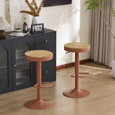 Productafbeelding van Barstoelen, set van 2, hout, in hoogte verstelbaar, draaibaar, met voetsteun, terracotta, vintage stijl