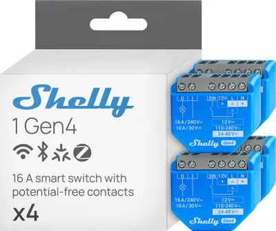 Produktbild von Shelly Relais "1 Gen4 4er Pack" max 16A 1 Kanal WLAN Matter Zigbee Bluetooth