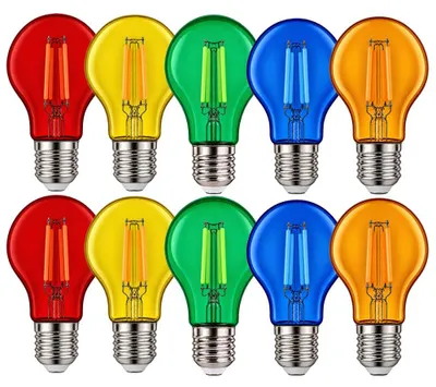 Produktbild von 10er Set LED Filament A60 Birnen 3W E27 Rot Gelb Grün Blau Orange farbig bunt Party aus Kunststoff