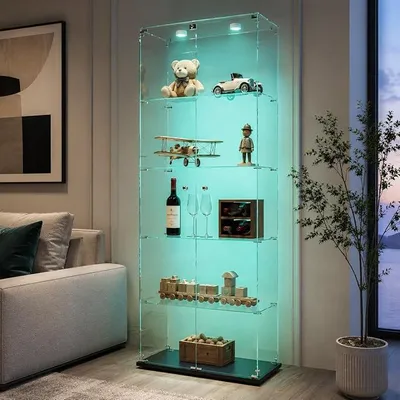 Image de Vitrine réfrigérée, vitrine debout avec éclairage LED, vitrine en verre et bois avec 5 étagères, armoire vitrine avec 2 portes et serrure, vitrine en verre, meuble d'exposition, vitrine pour collectionneurs (noir, 5 étagères, 2 portes + LED - 1)