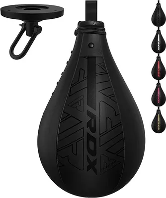 A black speed bag with a ceiling mount is displayed against a white background. Several other colored speed bags are shown in a vertical line on the right side of the image.