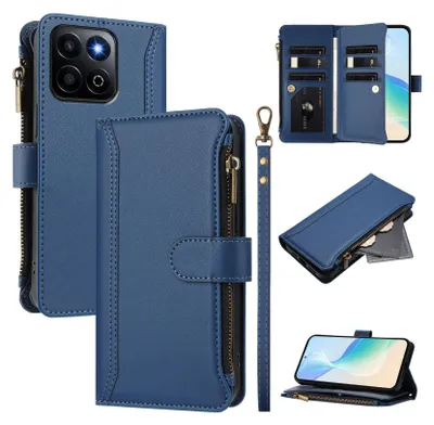 Immagine prodotto di Custodia per Honor 200 Smart/Honor X7C, con cerniera, portafoglio Custodia flip in Finto cuoio con tasche per carte, supporto e passante per mano blu