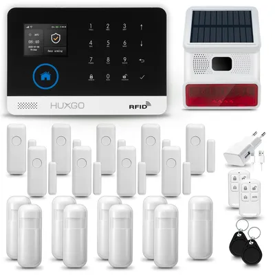 Produktbild von HUXGO HXA003 Alarmanlage Haus WiFi + GSM 2G mit Funk Sirene, Alarm System mit 9x Bewegungssensor und 9x Tür- Fenstersensor, Alarmanlage für Wohnung, Haus, Garage, Tuya Smartlife App