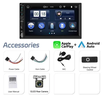 Obrázek produktu pro Autorádio MP5 formátu 2-DIN – bezdrátové CarPlay a Android Auto – dotykový displej 17,8 cm (1024×600) – FM, 4×45 W – dva USB porty (2×) – s mikrofonem, ovládáním na volantu (SWC) a zadní kamerou
