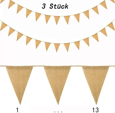 Produktbild von 3 Stück Wimpelkette Wimpel Girlande Vintage Jute Bunting Banner 8.4m Imitation Leinen Hessischen Girlande Rustikal Dekoration für Geburtstag Party Hochzeit(13 Fahnen/Jede Wimpelkette)