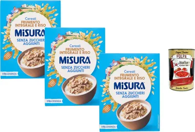 Produktbild von Misura Dolcesenza Frühstücksflakes Vollkorn Weizen Hafer Reis reich an Ballaststoffen ohne Zuckerzusatz 3 x 350g knusprige Cerealien + Italian Gourmet polpa