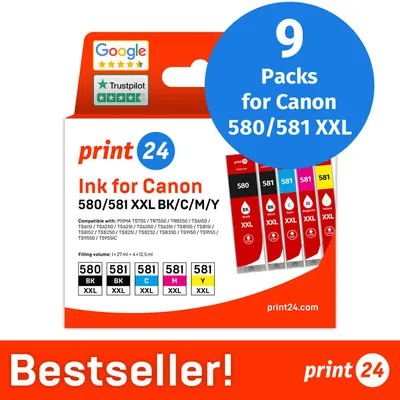 Productafbeelding van NIEUW: print24 Inktcartridges voor Canon 580/581 XXL, multipack (BK/BK/C/M/Y), 9 stuks