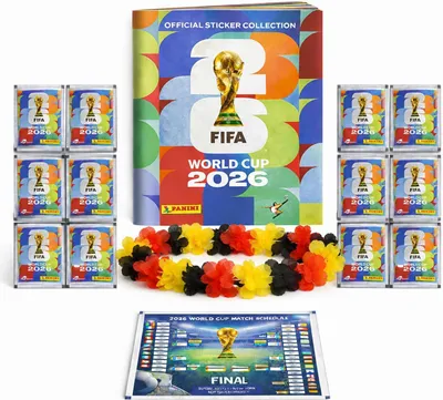 Image de WM 2026 Fan Sammelset XXL inkl. Panini Stickeralbum, Sticker zum Einkleben, Spielplan und Deutschland Blumenkette (10 Tüten / 70 Sticker)