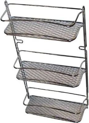 A chrome wire shelf unit with three tiers, displayed against a white background.