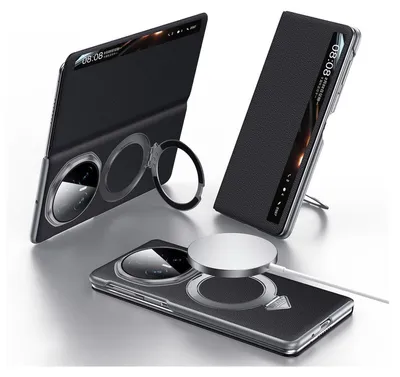 A black leather phone case with a smart view window and a magnetic ring stand is shown in multiple configurations, including one with a magnetic charger.