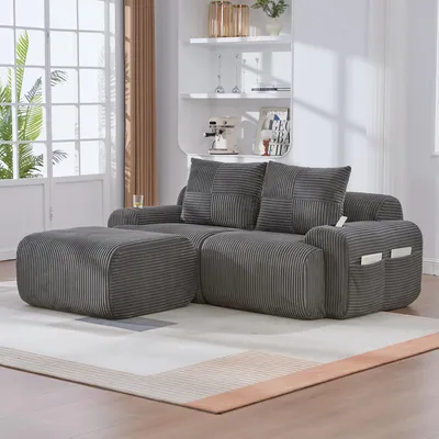 Produktbild von okwish Modulares Zweisitzer Relaxsofa Chaiselongue Loungesofa mit 2-Sitzer-Konstruktion,Ecksofa mit Getränkehalter und Aufbewahrungstasche,Cordsofa mit Hockern,Dunkelgrau