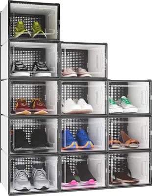 Produktbild von YITAHOME Schuhboxen 12er Set stapelbar weiß schwarz Größe 46 Transparent Tür