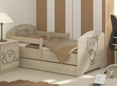 Produktbild von Detská posteľ s výrezom medvedíka - prírodná 140x70 cm + matrac ZDARMA (2x krátka bezpečnostná zábrana, bez zásuvky, dub sonoma)