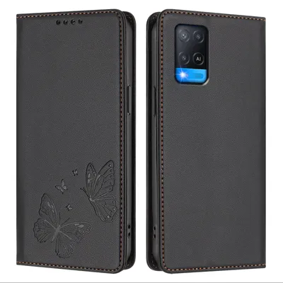 Image de Étui en cuir pour Oppo A54 4G/A54S/A55 5G/A16/A16S/A55s 5G/A53s 5G/A56 5G, motif papillon en relief, étui portefeuille à rabat avec support, noir