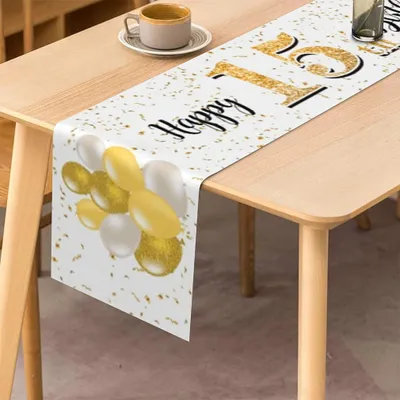 Tischläufer Happy 15th Birthday, 183x33 cm, weiß-gold