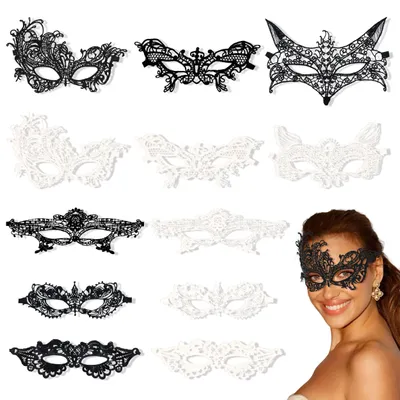 12 Spitzen-Maskerade-Masken, schwarz-weiß, venezianisch