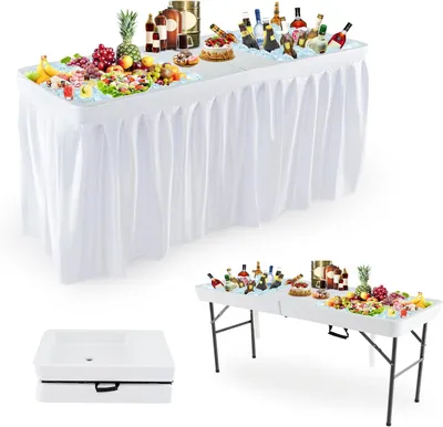 Produktbild von KOMFOTTEU 1,5 m Kühltisch mit Rock, Faltbarer Campingtisch mit Doppelbecken & Doppelabfluss, Picknicktisch tragbar 150 x 60 x 79 cm, Gartentisch bis 100 kg, für Camping, Grill, Party