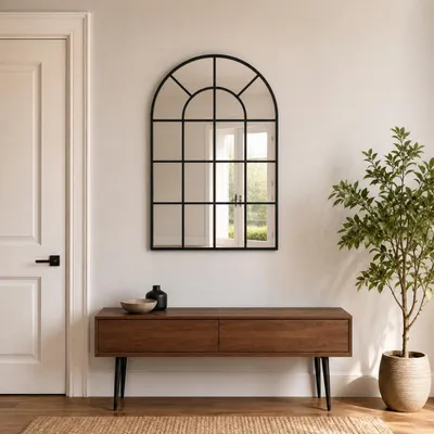 Hauptansicht des LunaMirror Aster Bogen- und Fensterspiegels in Schwarz, 90 x 60 cm