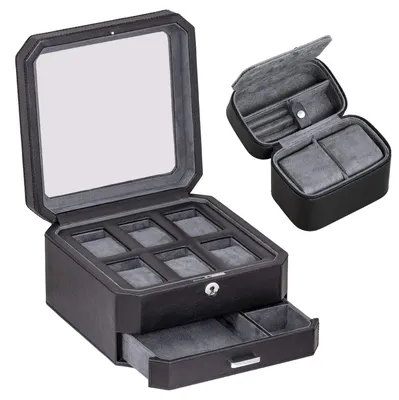Immagine prodotto di Portaorologi scatola per gioielli - Scatola regalo 6 scomparti - Scatola in pelle per orologi - Nero e grigio - Coperchio in vetro