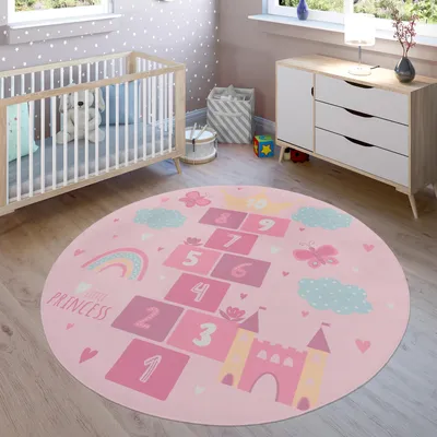 Produktbild von Teppich Kinderzimmer Kinderteppich Rutschfest Spielteppich Spielfeld Herz Pink Grösse 200 cm Rund