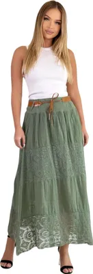 Produktbild von Mississhop Langer Baumwollrock mit Spitze & Gürtel 3094 Olivgrün