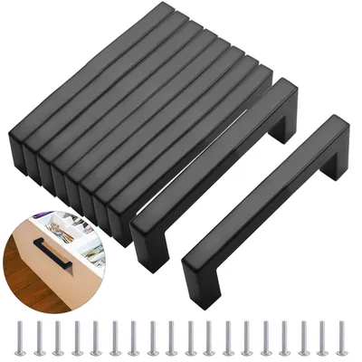 Image de 10 poignées de porte noires mates, 96 mm - en acier inoxydable, pour meubles