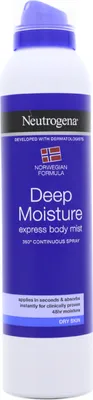 Produktbild von Neutrogena Deep Moisture Express Body Mist Körperspray, 200 ml, für Trockene Haut, Tiefenfeuchtigkeit, 48h Feuchtigkeit, zieht sofort ein, fettet nicht, klebt nicht, 360° Kontinuierlich sprühen, zarter Duft, macht weich & geschmeidig, beruhigt die Haut