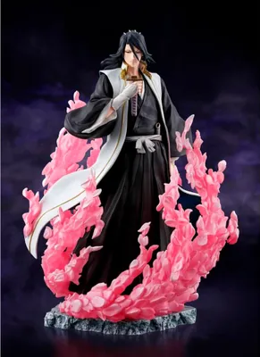 A statue of Byakuya Kuchiki from Bleach, surrounded by pink energy effects.