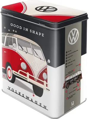 A tin box featuring a vintage Volkswagen bus illustration.