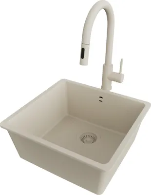 Produktbild von PRIMAGRAN Unterbauspüle Granit Beige 46x44cm, Spülbecken 1 Becken + Küchenarmatur 40x20cm + Ablauf-Set, Granitspüle ab 50er Unterschrank - Venedig Easy