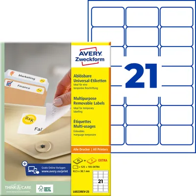 Produktbild von Avery Zweckform L6023REV-25, Universal-Etiketten, ablösbar, A4, 63,5 x 38,1 mm, 630 Etiketten / 30 Bögen, weiß