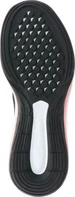 The underside of a black and red athletic shoe is shown against a white background.