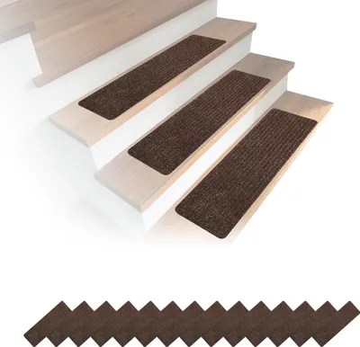 Obrázek produktu pro Relaxdays – sada 16 kusů schodišťových rohoží, obdélníkové schodišťové rohože, 65 x 20 cm, samolepicí schodišťové koberce, hnědé