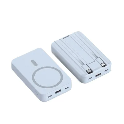 Obrázok produktu pre Magnetická powerbanka ZELURXX, 22,5 W rýchle nabíjanie, 15 W bezdrôtové nabíjanie, dvojitý kábel, skladací stojan, kompaktná, modrá