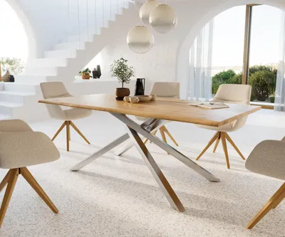 Produktbild von DELIFE Esstisch Edge 200x100x2,5-3 Eiche Natur Kreuzgestell Rechteck Edelstahl Live-Edge