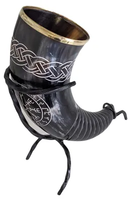 Trinkhorn aus Büffelhorn, 500 ml, schwarz, mit Ständer