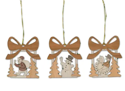Produktbild von Drechslerei Kuhnert - Baumschmuck Geschenk - 3 Motive je 2 mal - ca. 7 cm - aus Sperrholz und Echtholzfurnier