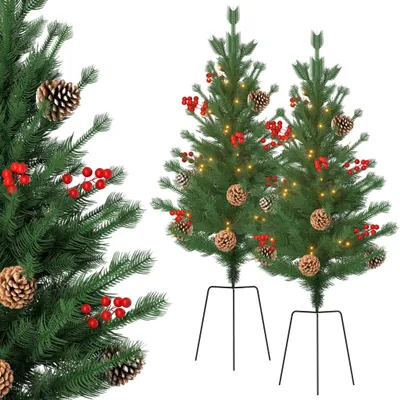 Obrázok produktu pre TRMLBE Vianočný stromček malý s osvetlením 76 cm Mini umelý smrek s kolíkmi, 2 ks Vianočný stromček na vnútornú a vonkajšiu dekoráciu (10 šišiek + 10 bobúľ)