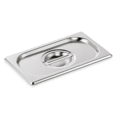 A stainless steel food pan lid with a circular handle in the center.