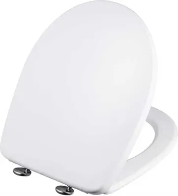 A white toilet seat with a soft-close mechanism.