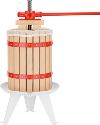 Image de Wiltec Presse à fruits – 345 x 345 x 575 mm – capacité 6 L – avec Panier en hêtre et Torchon Sac de filtrage – Pressoir manuel pour Moût de pomme poire raisins baies – Vin Cidre