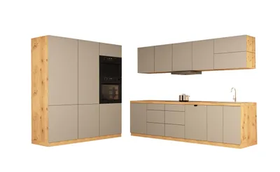 Produktbild von Küchenzeile 320 cm mit Hochschrank Kühlumbauschrank Küchenblock Ohne Arbeitsplatte Küchenzeile Einbauküche, Langen KL16-M320, Beige/Matt
