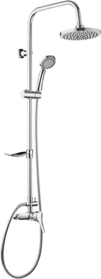 A chrome shower fixture with a rain showerhead and a handheld showerhead.