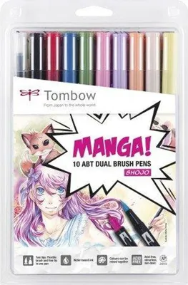 Obrázek produktu pro Tombow ABT-10C-MANGA2, Jemný / střední, 10 barva/barev, Černá, Modrá, Zelená, Šedá, Oranžová, Růžová, Žlutá, Kulatý a štětcový hrot, Vícebarevný, Kulatý