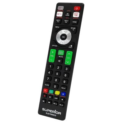 A black remote control is shown at an angle against a white background.