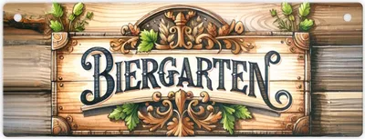 A decorative sign for a Biergarten with ornate wooden details and lettering.